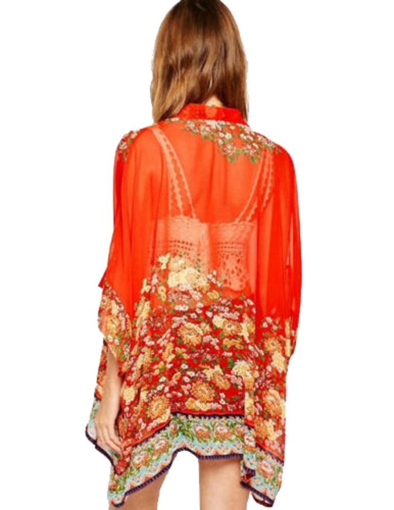 olrain Women's Floral Print Sheer Chiffon 3/4 Bat Sleeve Casual Loose Kimono Cardigan Capes (X-Large, Red) - Image 2